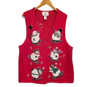 Vintage Red Christmas Holiday Ugly Sweater Snowman Bling Sequin Sweater Vest XL